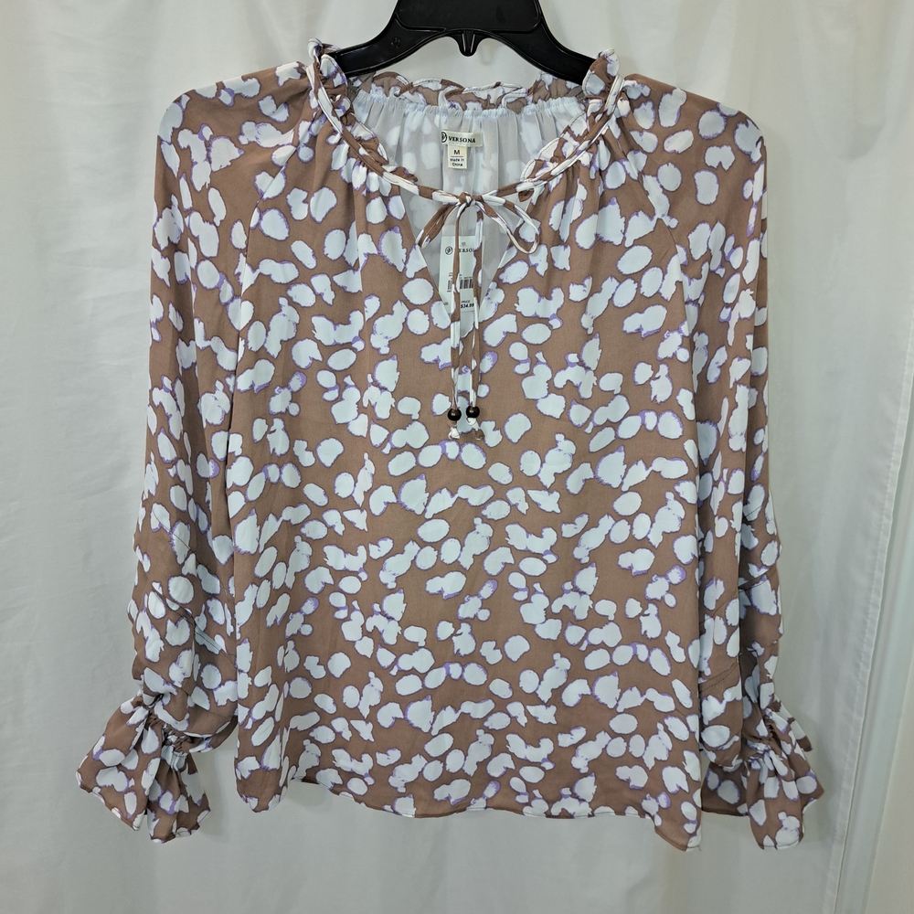NWT SZ M Versona Tan,  White, Purple Blouse with Pattern, Beaded Ties